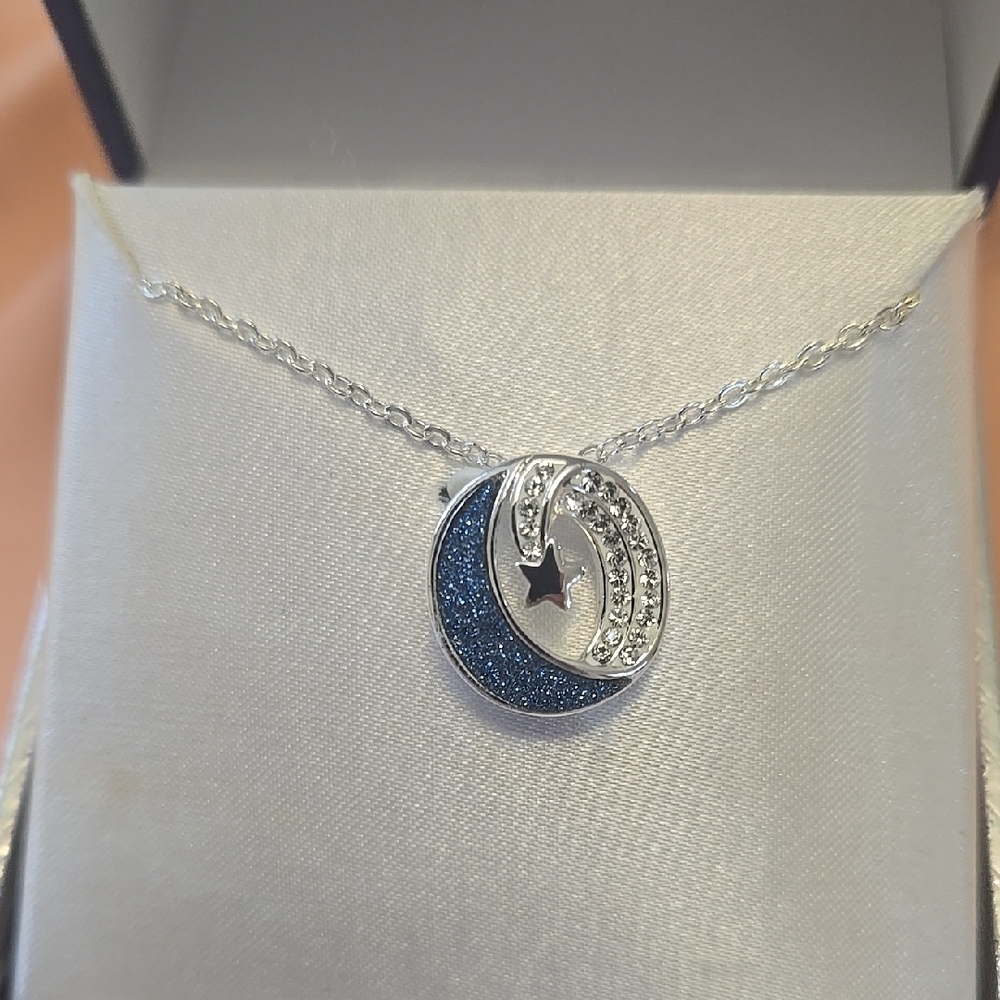 Silver and Blue Crescent Moon And Star Necklace